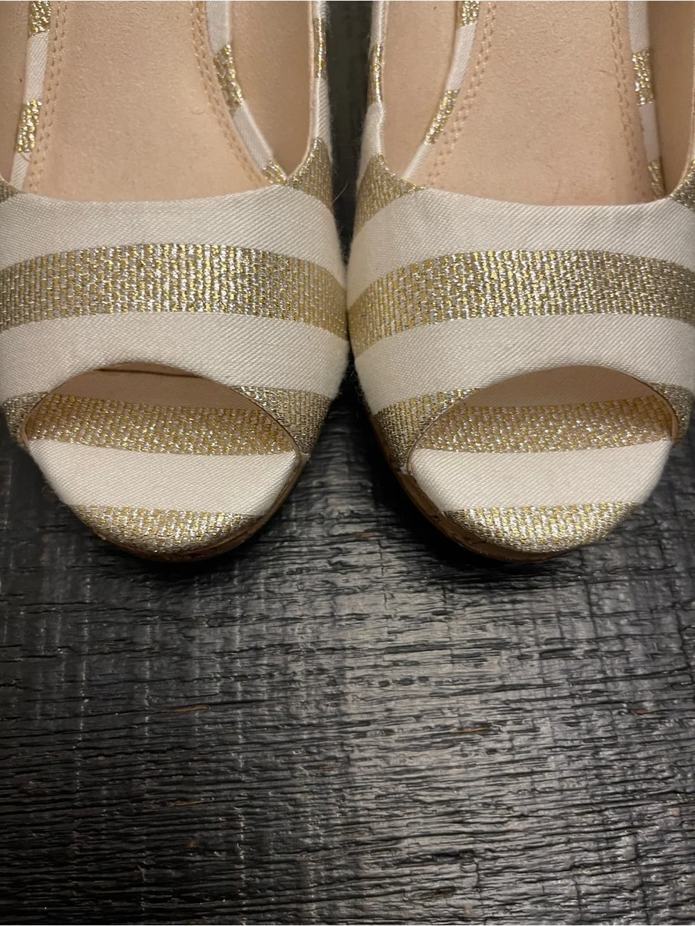 Wedge Peep-Toe Pumps in Cream and Gold Stripe